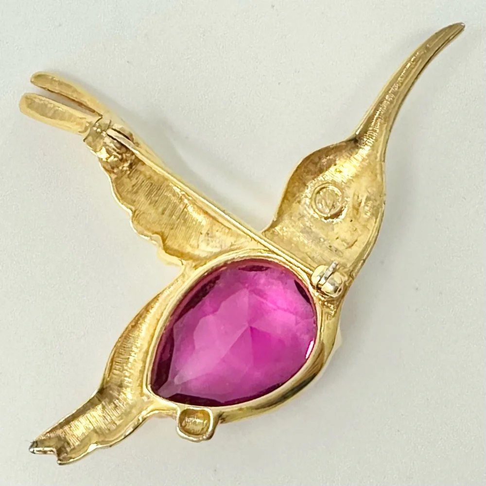 Swarovski Crystal Hummingbird Pink Stone Gold Time Brooch Rhinestones Pin - Picture 2 of 5